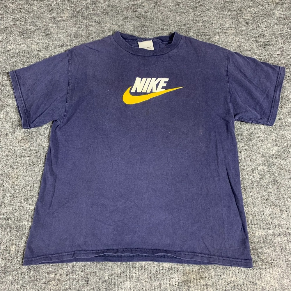 VTG Nike T Shirt Mens Medium Blue Graphic Swoosh Logo Short Sleeve Tee Y2K